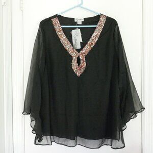 COPY - elegant sequin keyhole neckline fully lined bodice black sheer blouse